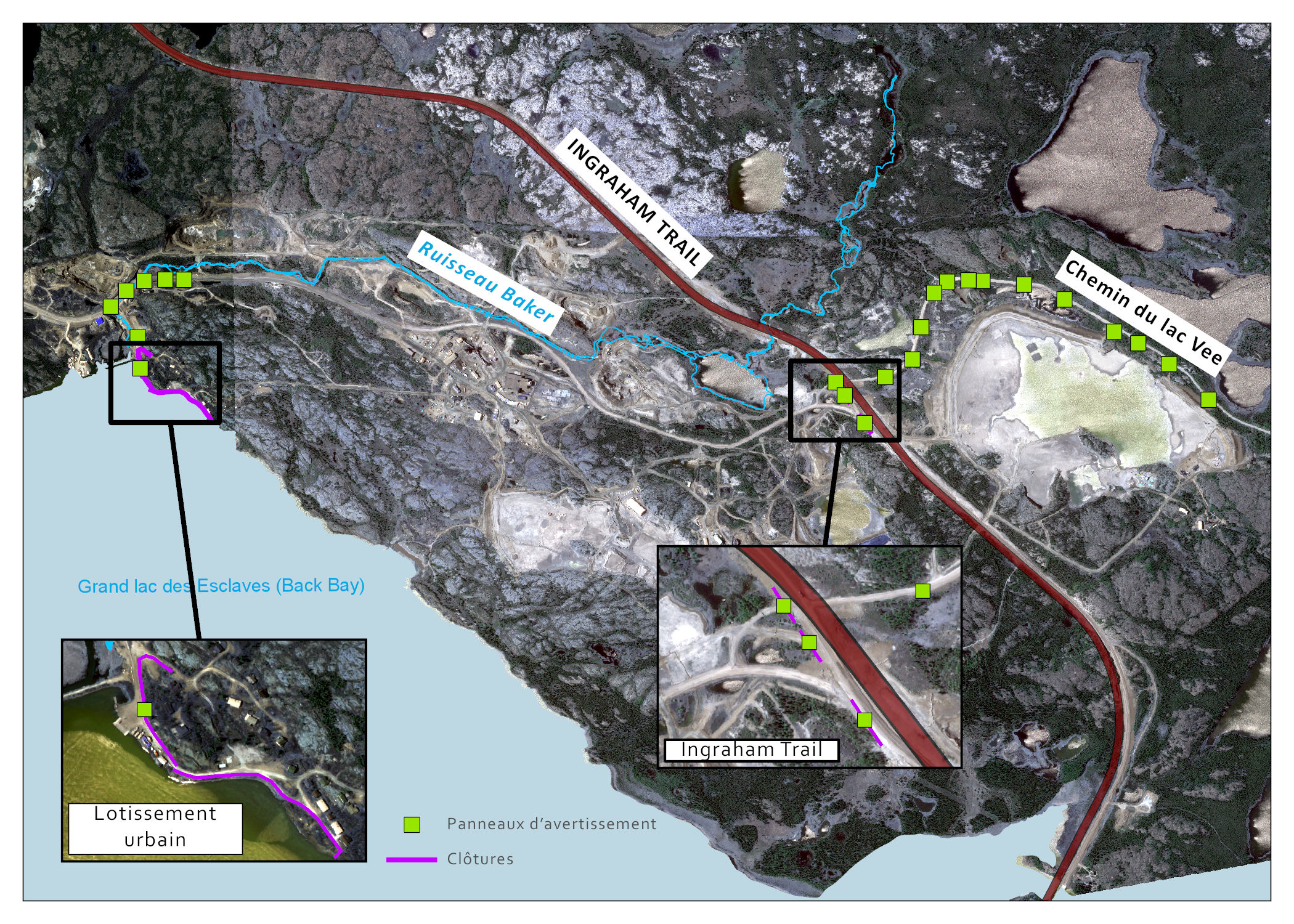 Vue aérienne du site, avec photos intercalées, montrant l'endroit où sont installés les nouveaux panneaux et les nouvelles barrières. Les lignes violettes indiquent l'emplacement des nouvelles clôtures et barrières sur le périmètre du lotissement urbain et l'endroit où l'ancienne et la nouvelle route Ingraham Trail se croisent. Les carrés verts indiquent là où de nouveaux panneaux sont installés le long du chemin du lac Vee, à l'emplacement de la zone de mise à l'eau et à l'endroit où l'ancienne et la nouvelle route Ingraham Trail se croisent.