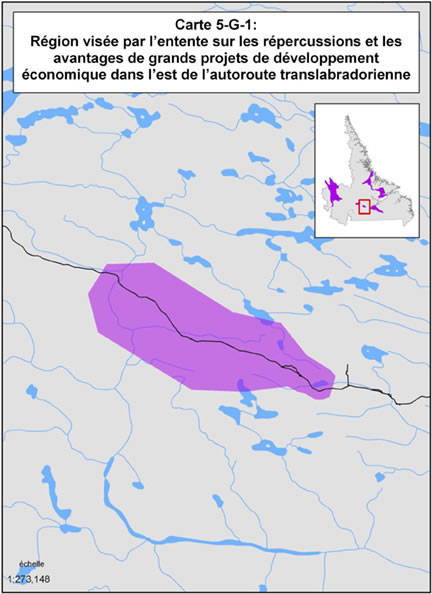 Carte 5-G-1 : Région visée par l'entente sur les répercussions et les avantages de grands projets de développement économique dans l'est de l'autoroute translabradorienne nord