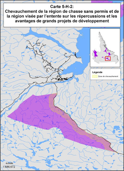 Carte 5-H-2 : Chevauchement de la région de chasse sans permis et de la région visée par l'entente sur les répercussions et les avantages de grands projets de développement économique dans le sud de l'autoroute translabradorienne