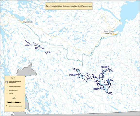 Carte 5-J : Régions visées par l'entente sur les répercussions et les avantages de grands projets de développement hydroélectrique