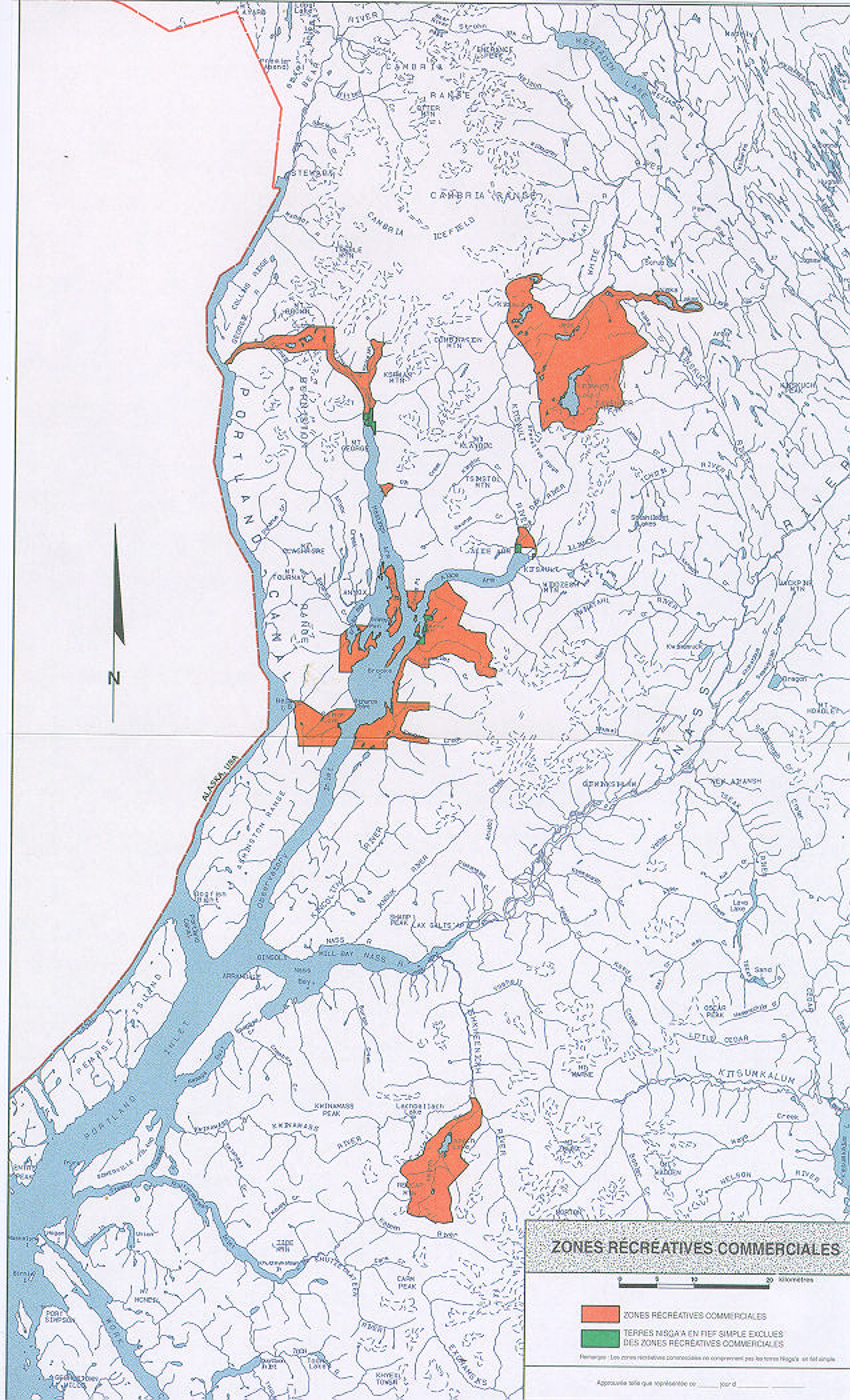 Carte montrant les zones d'opération de la tenure récréative commerciale Nisga'a